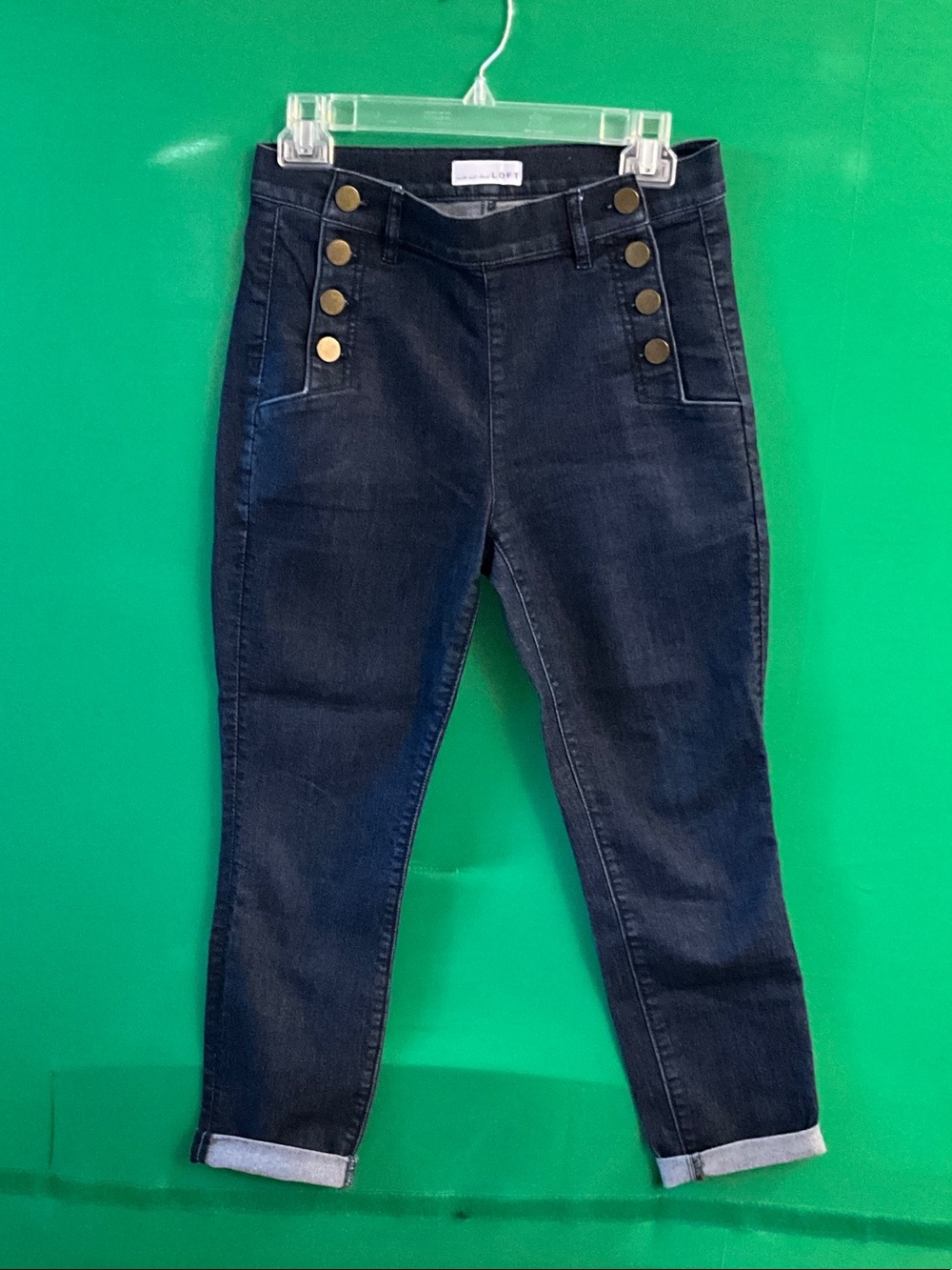 LOFT Dark Blue Modern Skinny Cropped High-Rise Jeans with Button Detail